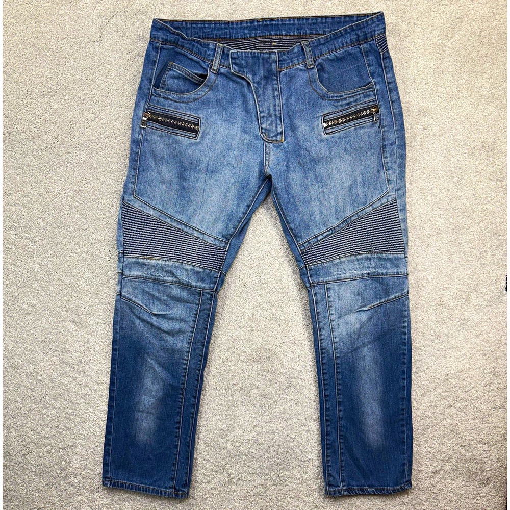 Balmain Paris Mens Biker Jeans Blue Distressed Ribbed Knee Slim Fit Size 34
